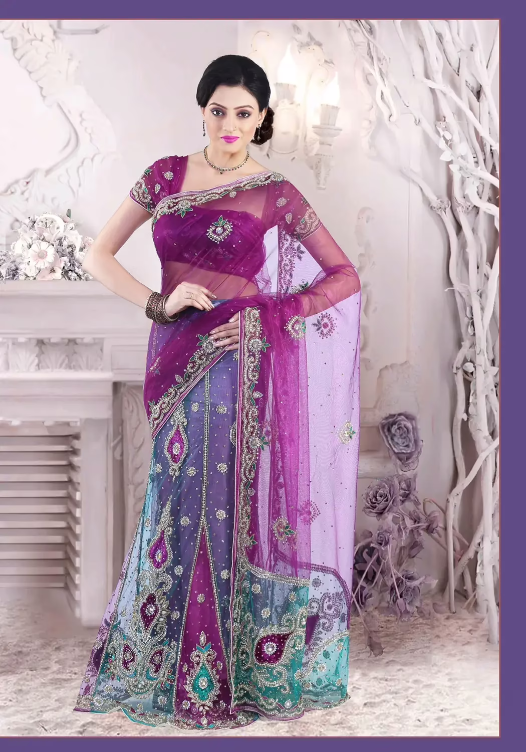 Pazaar Red-violet and Robin-egg Blue Embroidered Party Lehenga Style Saree