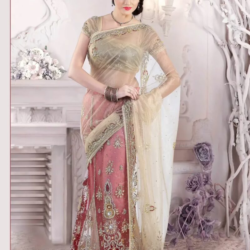 Pazaar Cream Yellow and Chestnut Red Embroidered Party Lehenga Saree