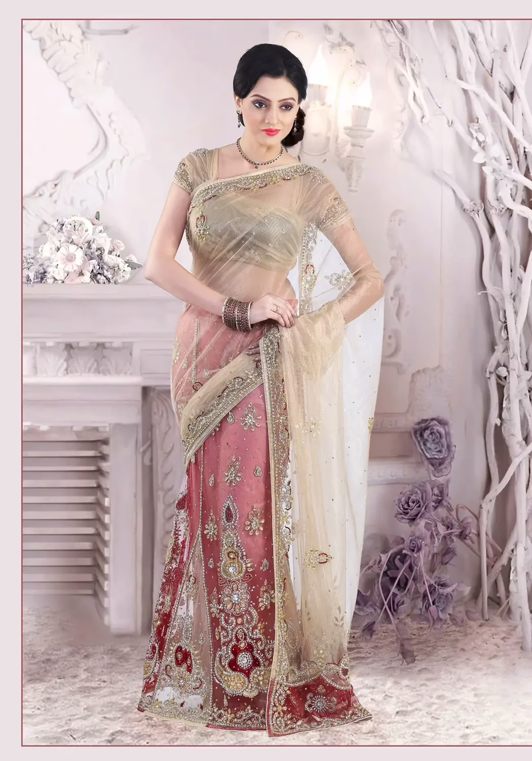Pazaar Cream Yellow and Chestnut Red Embroidered Party Lehenga Saree