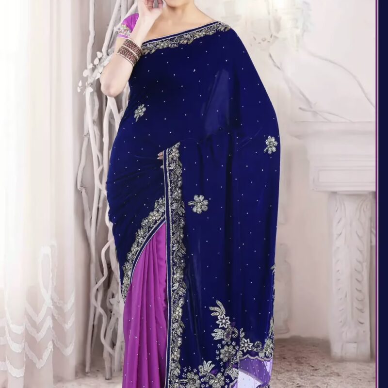 Pazaar Magenta and Navy Blue Embroidered Party Saree With Zari Thread