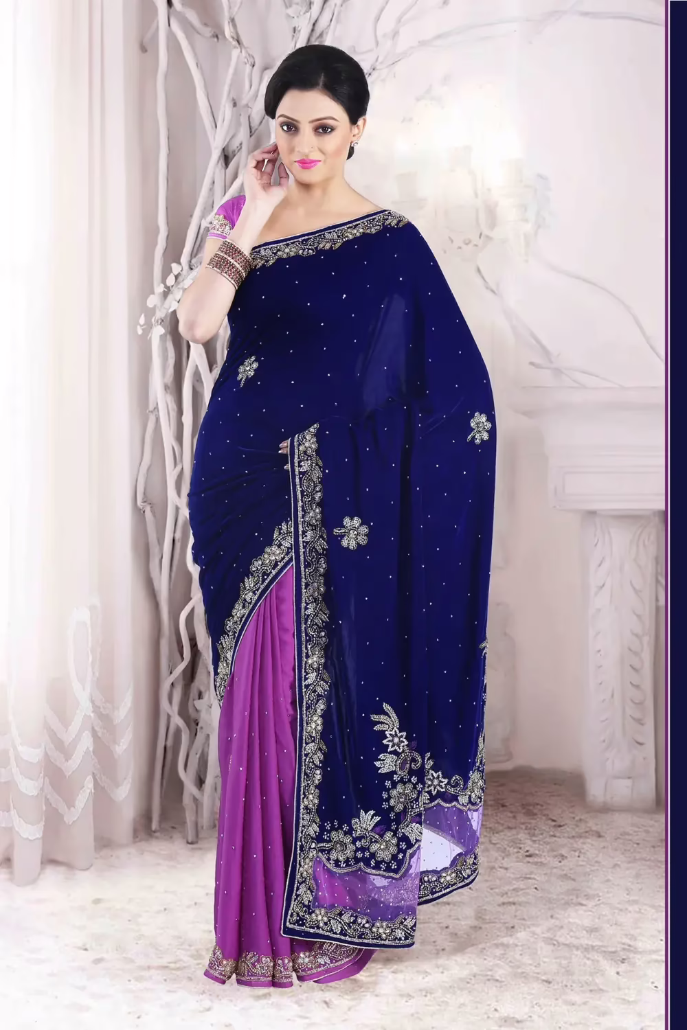 Pazaar Magenta and Navy Blue Embroidered Party Saree With Zari Thread