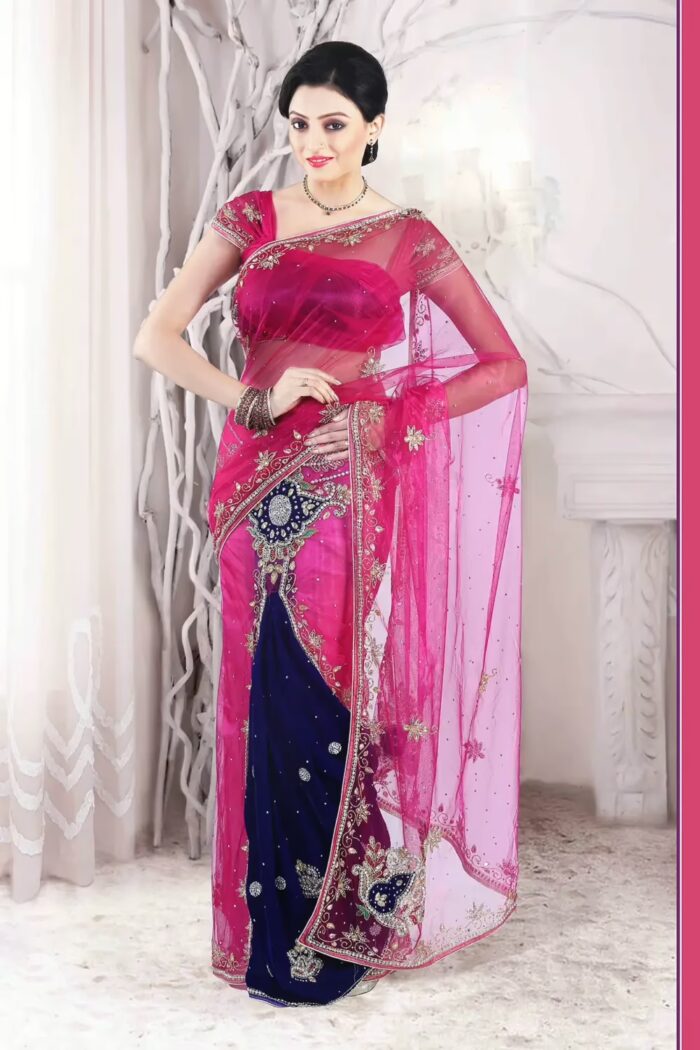 Pazaar Persian-rose Pink and Navy Blue Embroidered Party Lehenga  Saree
