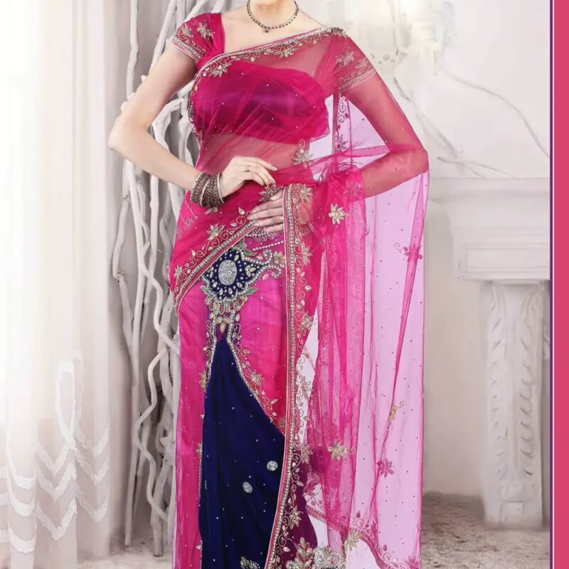 Pazaar Persian-rose Pink and Navy Blue Embroidered Party Lehenga  Saree