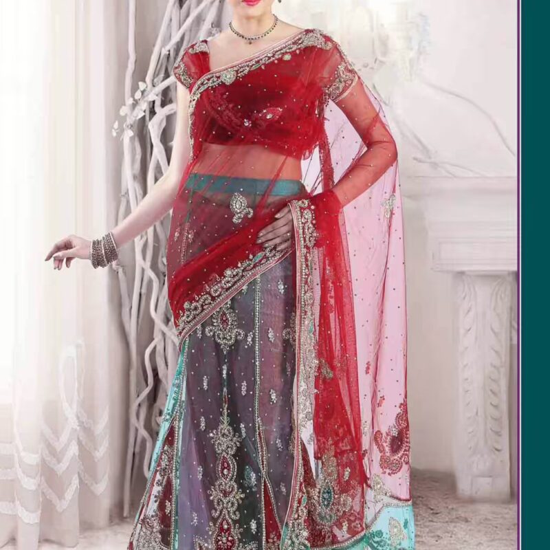 Pazaar Carnelian Red and Persian Green Embroidered Party Lehenga Style Saree