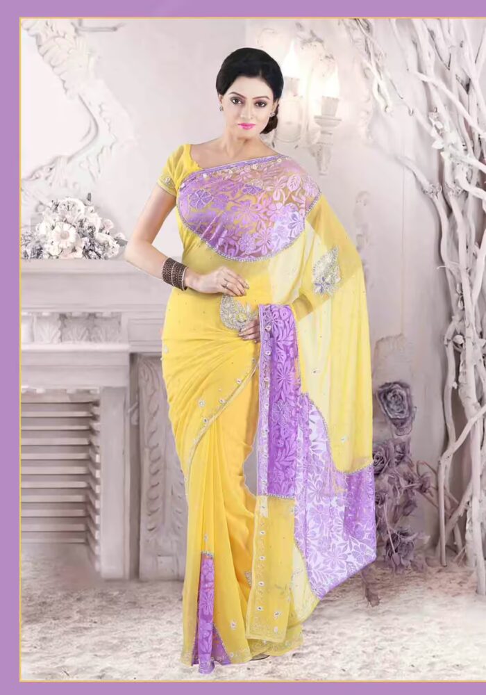 Pazaar Jonquil Yellow and Mauve Violet Embroidered Party Saree With Zari Thread