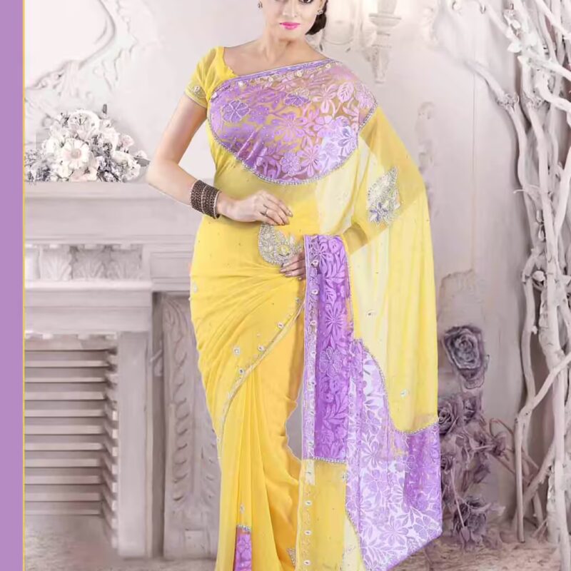 Pazaar Jonquil Yellow and Mauve Violet Embroidered Party Saree With Zari Thread