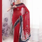 Pazaar Cardinal Red Embroidered Party Saree With Zari Thread