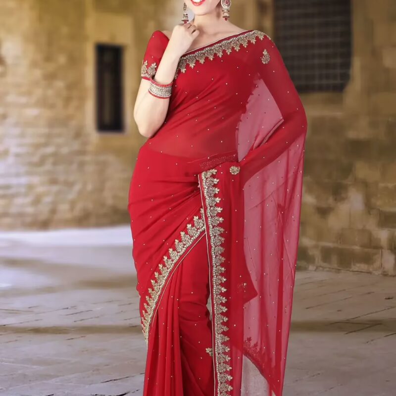 Pazaar Carmine Red  Embroidered Party Saree With Zari Thread