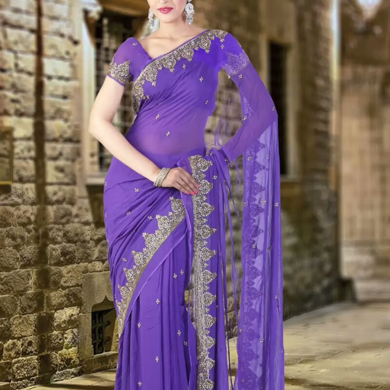 Pazaar Majorelle Blue Embroidered Party Saree With Zari Thread