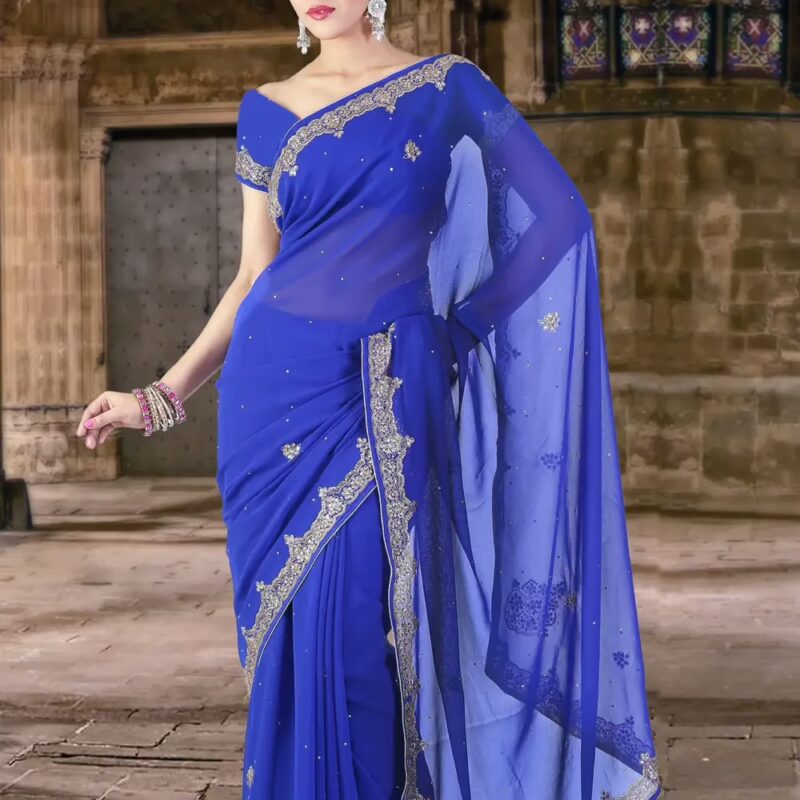 Pazaar Royal Blue Embroidered Party Saree With Zari Thread
