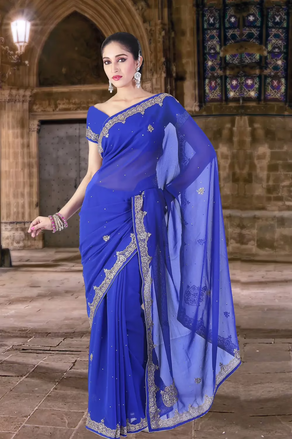 Pazaar Royal Blue Embroidered Party Saree With Zari Thread