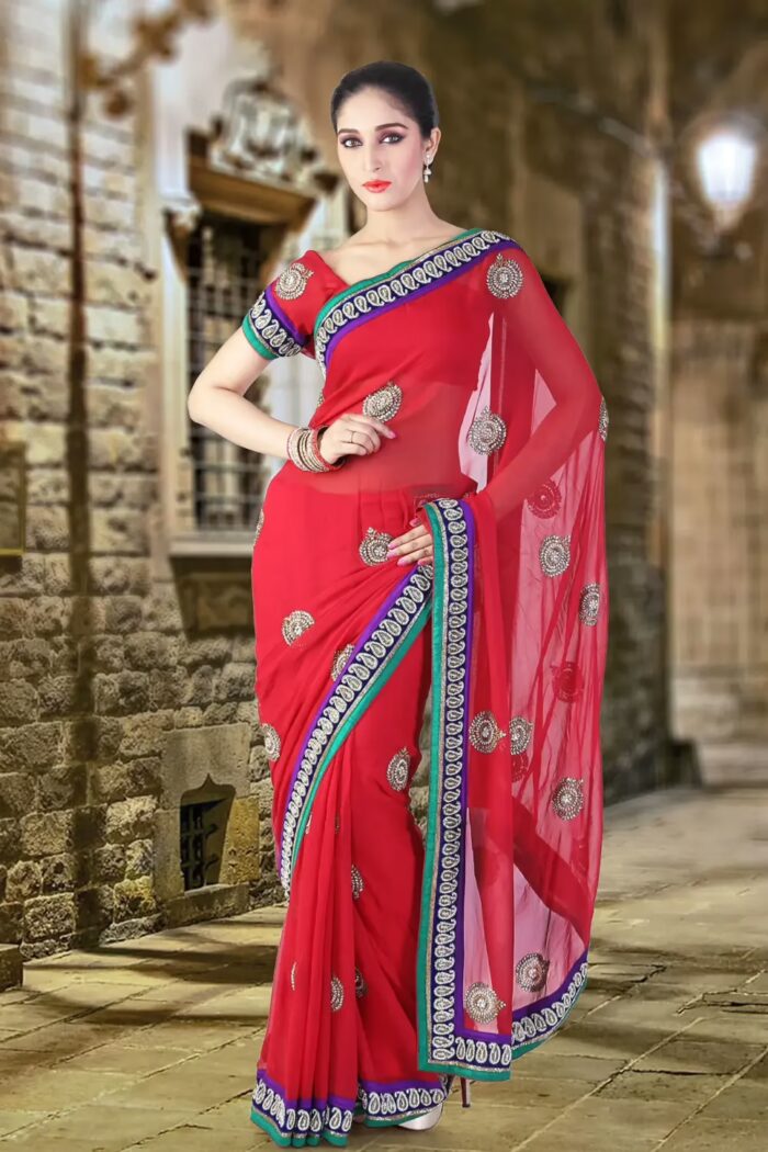 Pazaar Venetian Red  Embroidered Party Saree With Zari Thread