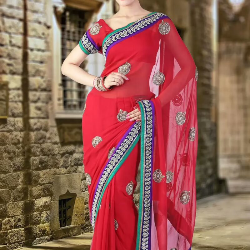Pazaar Venetian Red  Embroidered Party Saree With Zari Thread
