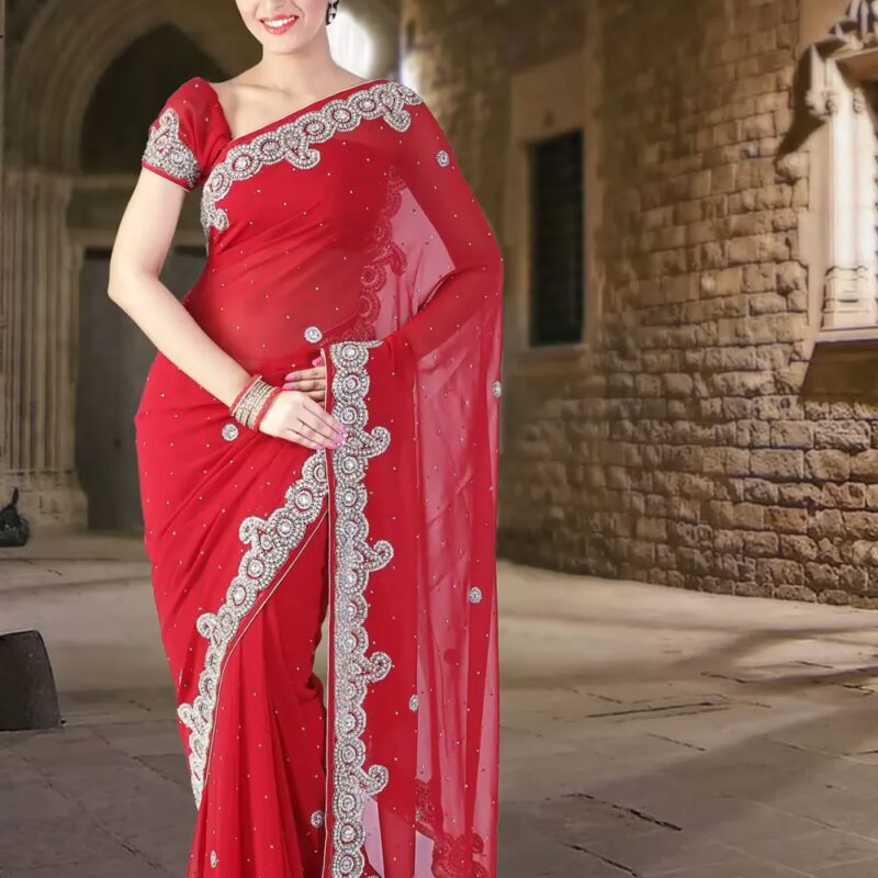 Pazaar Venetian Red Embroidered Party Saree With Zari Thread