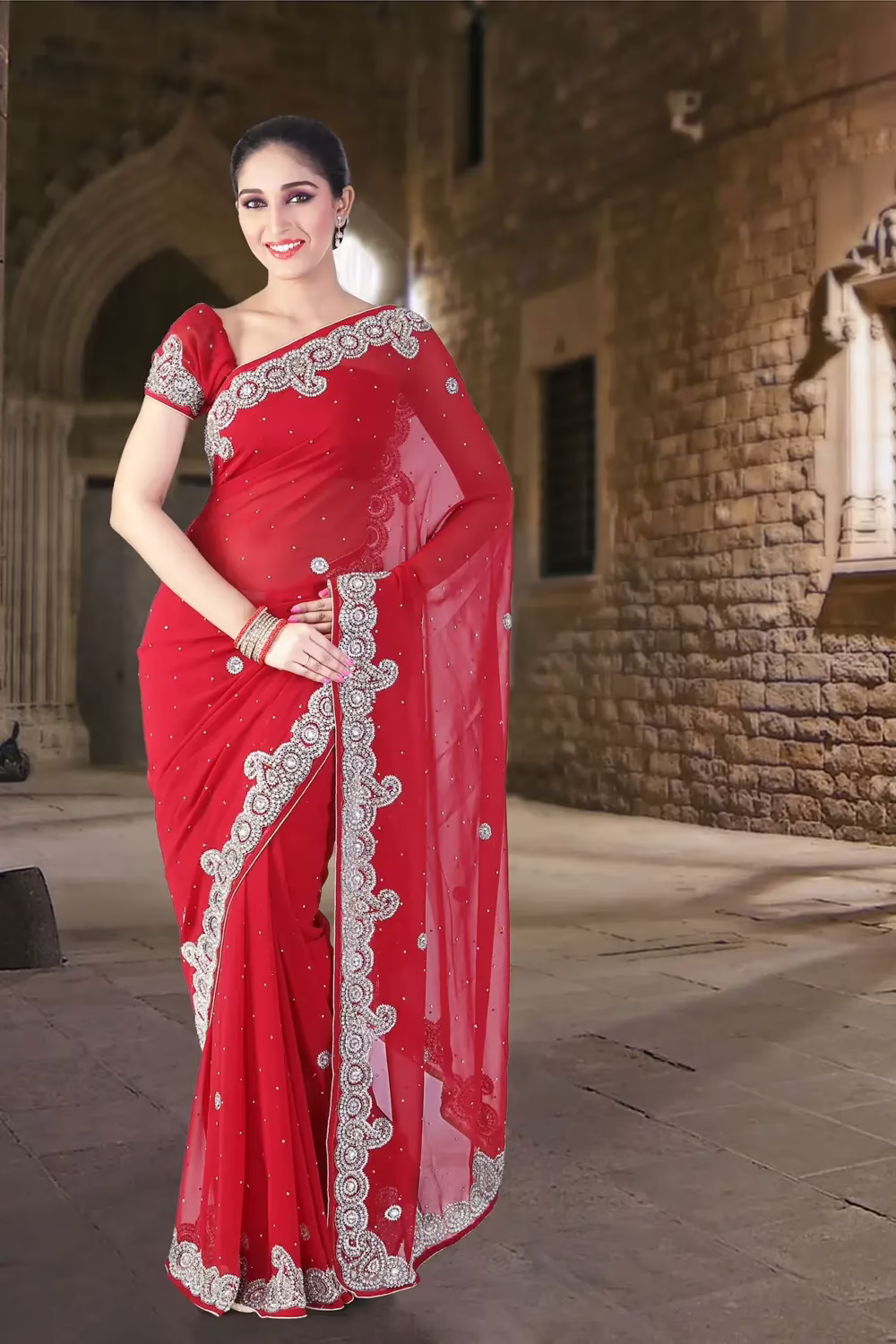 Pazaar Venetian Red Embroidered Party Saree With Zari Thread