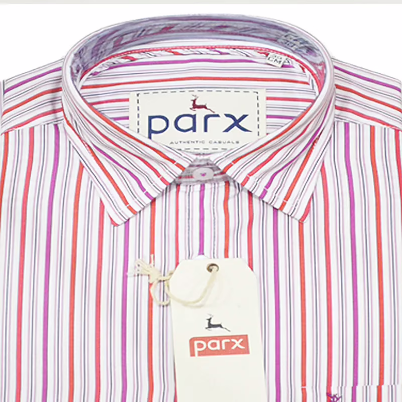 Parx Authentic Casuals Purple Red Black Stripes White Half Sleeves Cotton Shirt-Size 39