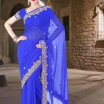 Pazaar Persian Blue Embroidered Party Saree With Zari Thread