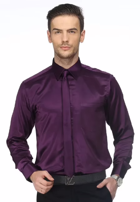 CAIRON PURPLE SATIN SOLID CLUBWEAR SHIRT