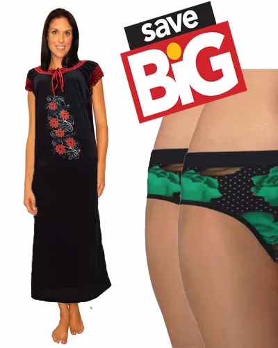 Super Value Combo Pack Of full Length Hosiery Nightgown & 2 Classic Rose Print Hipster Panties