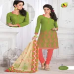 Tanvi-B Cotton Green & Peach Color Unstitched Suit