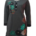 Triple Button Placket Velvet Work Grey Woolen Kurti