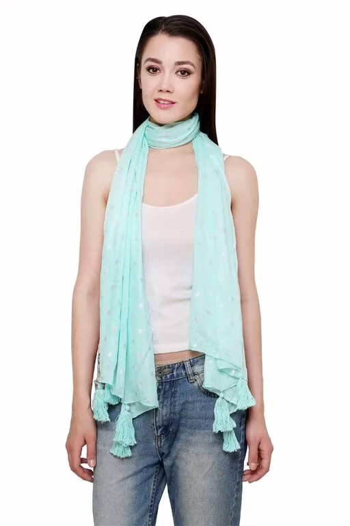 Green & Silver Polka Dot Stole With Tassel's For Women