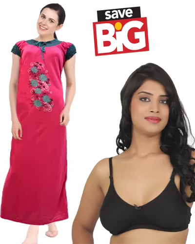 Value Pack Of hosiery Full Length Nightgown & Comfort Black Bra combo Pack