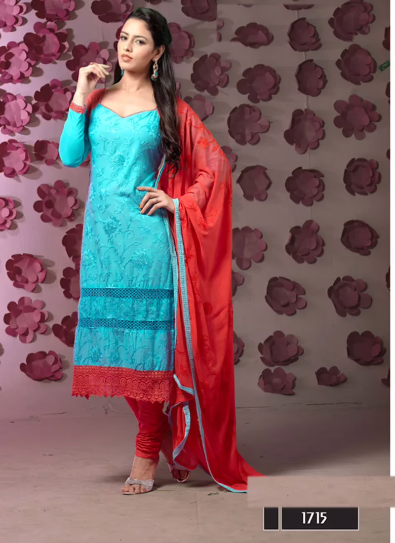 VandV Blue Designer Embroidery Work Dress Material