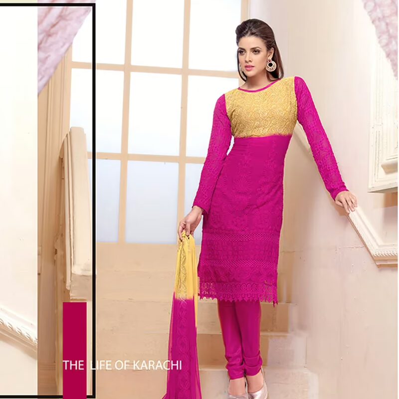 VandV Casual Wear Dark Pink Embroidery Dress Material