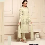 VandV Cream Color Chiffon Embroidered Dress Material