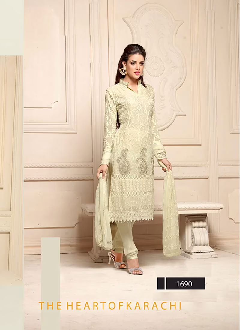 VandV Cream Color Chiffon Embroidered Dress Material