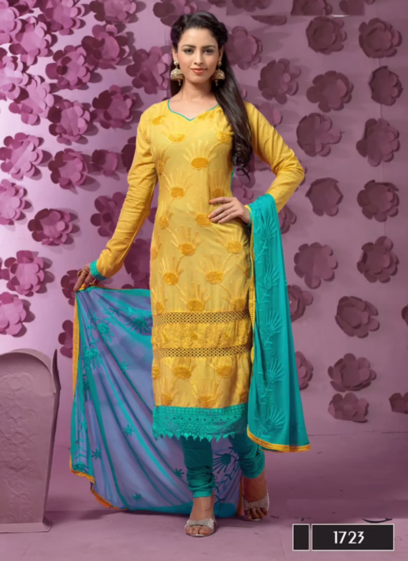 VandV Latest New Yellow Designer Embroidery Work Dress Material