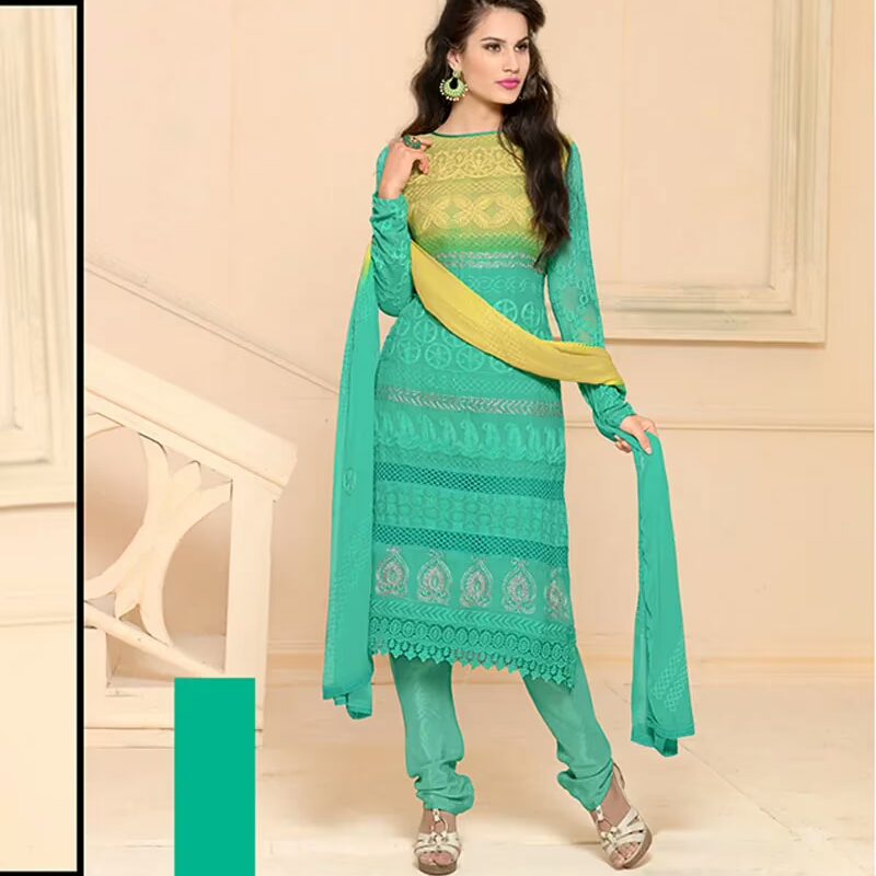 VandV Pure Chiffon Cyan Embroidery Dress Material