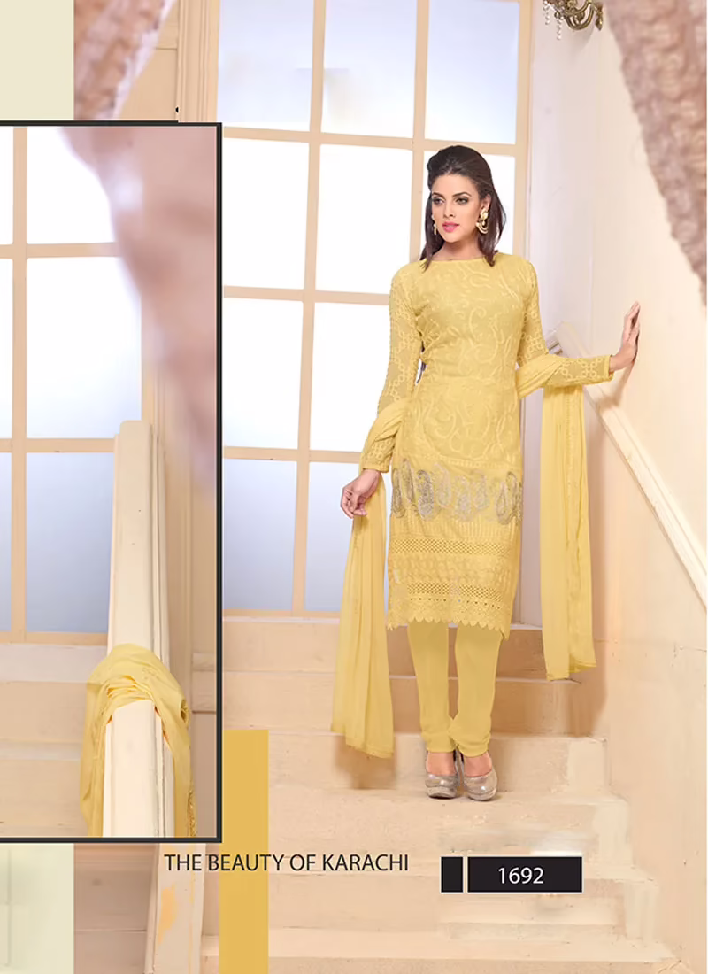 VandV Light Yellow Chiffon Embroidery Dress Material