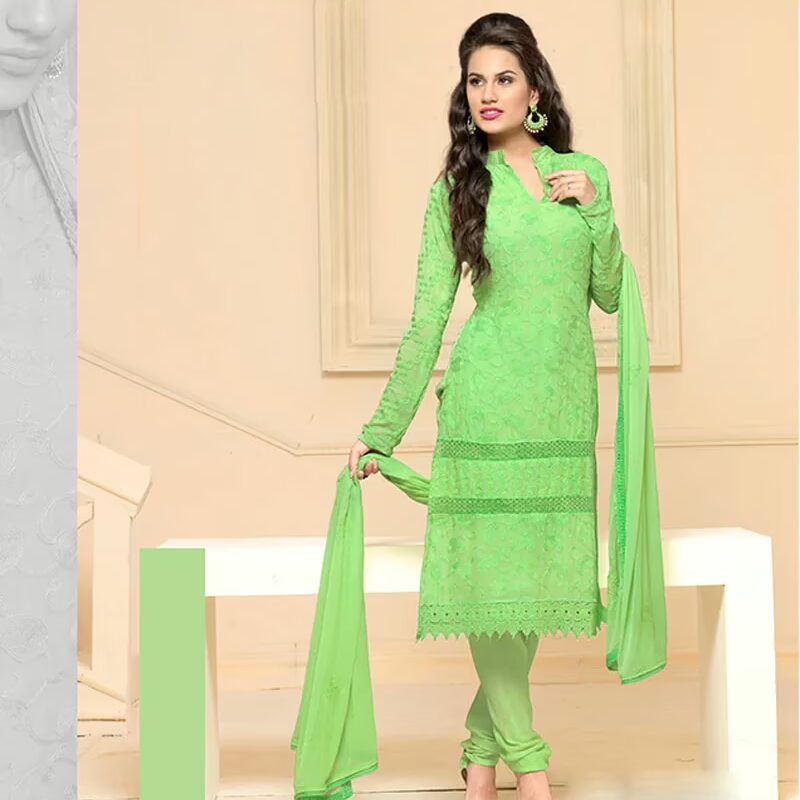 VandV Online Shopping For Parrot Green Chiffon Dress Material-Free Size