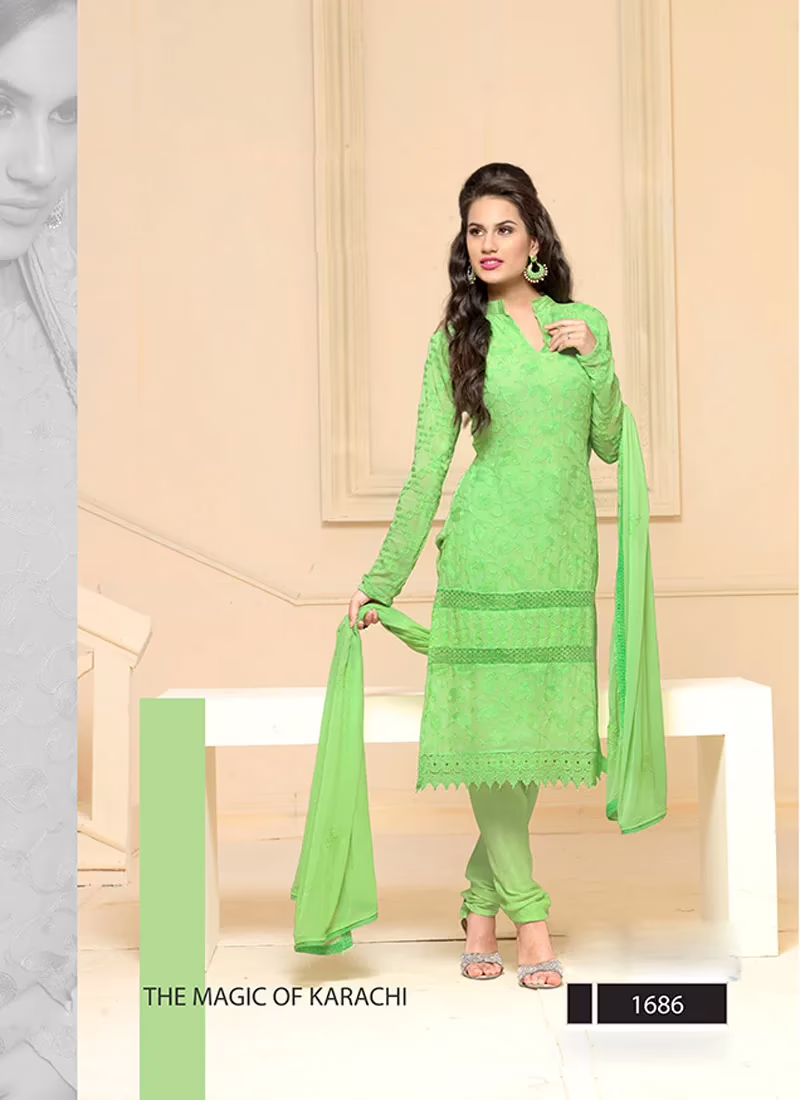 VandV Online Shopping For Parrot Green Chiffon Dress Material-Free Size