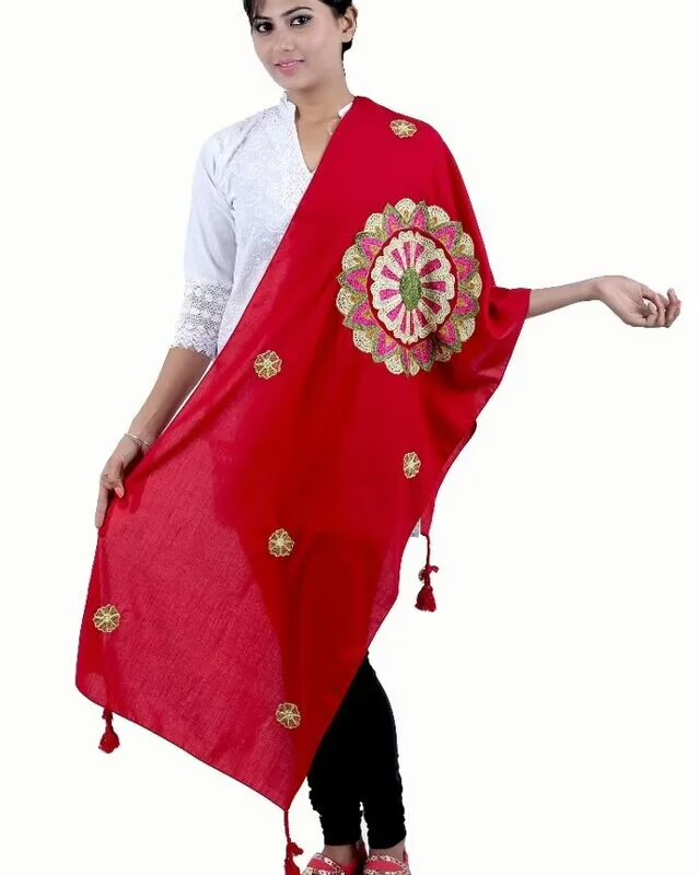 Circle of Red Lotus Pure Cotton Embroidered Stole for women