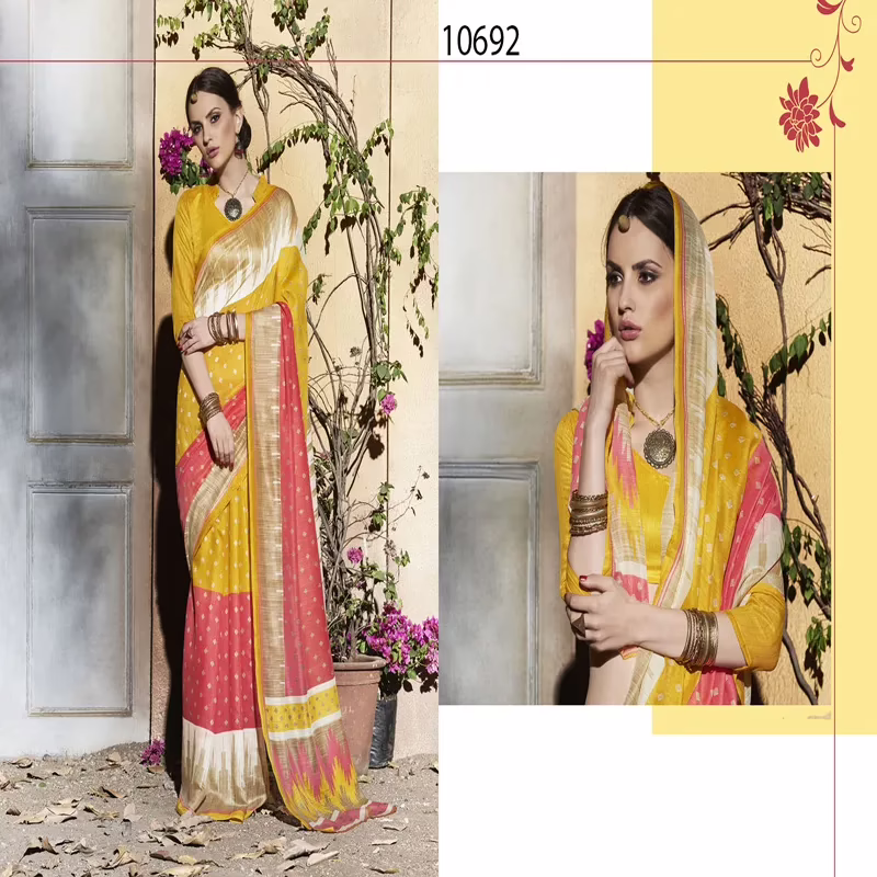 Viva N Diva Yellow And Peach Colored Silk Printed Saree