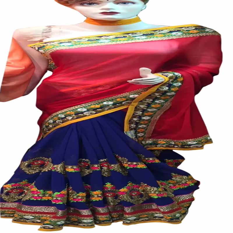 Viva N Diva Red And Blue Colored Georgette Saree
