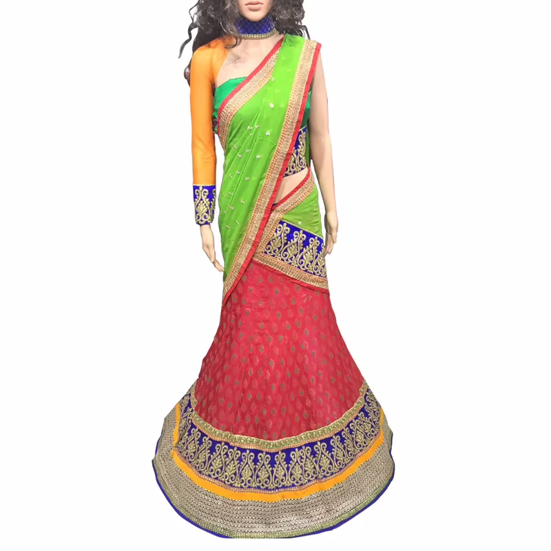 Viva N Diva Red And Green Colored Georgette Saree