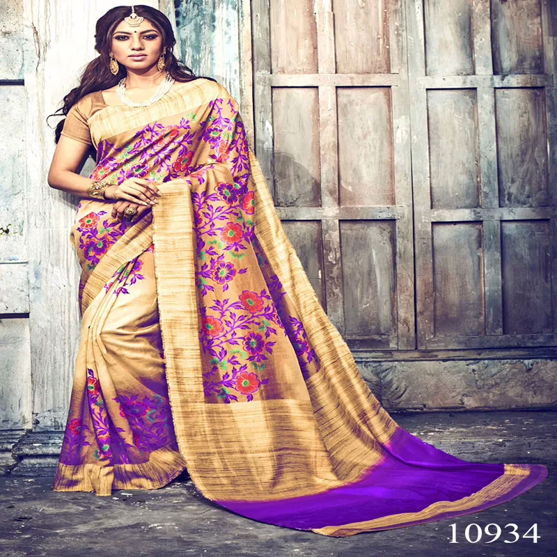 Viva N Diva Beige fashion Bhagalpuri Silk Printed Saree