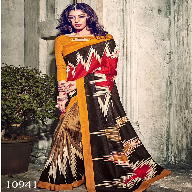 Viva N Diva Beige & Red Colored Bhagalpuri Silk Printed Saree
