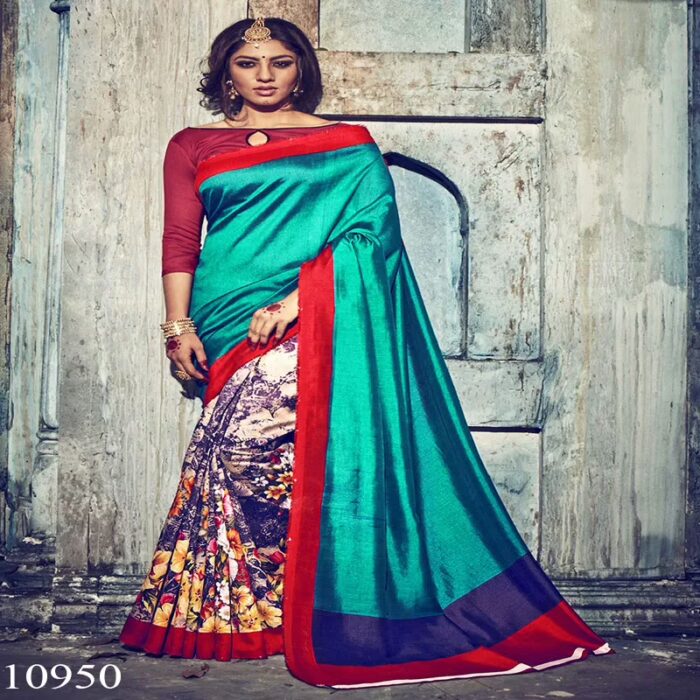Viva N Diva Sea Green & Cream Colored Bhagalpuri Silk Printed Saree