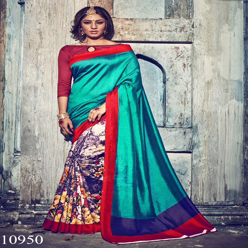 Viva N Diva Sea Green & Cream Colored Bhagalpuri Silk Printed Saree