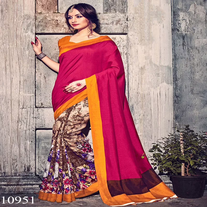Viva N Diva Pink & Beige Colored Bhagalpuri Silk Printed Saree