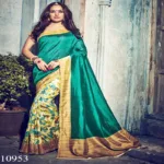 Viva N Diva Green & Cream Colored Bhagalpuri Silk Printed Saree