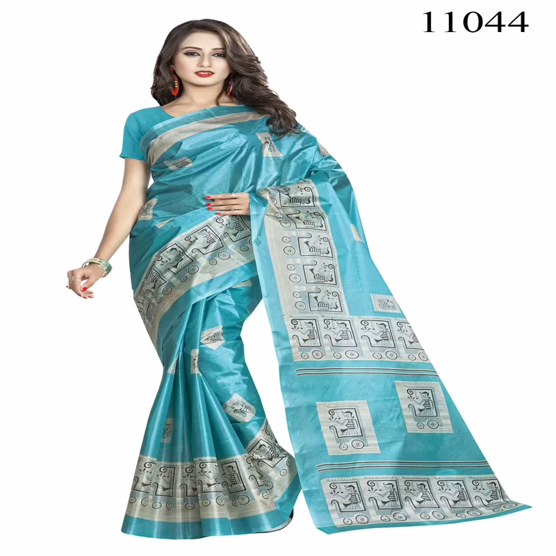 Viva N Diva Sky Blue Colored Women'S Taffeta Printed Saree