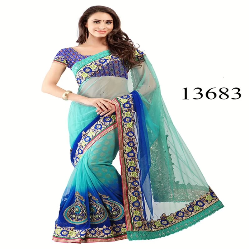 Viva N Diva Rama & Blue Colored Net & Viscose Saree