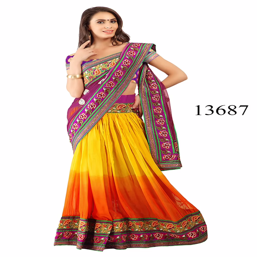 Viva N Diva Pink, Yellow & Orange Colored Pure Georgette Lehenga Saree