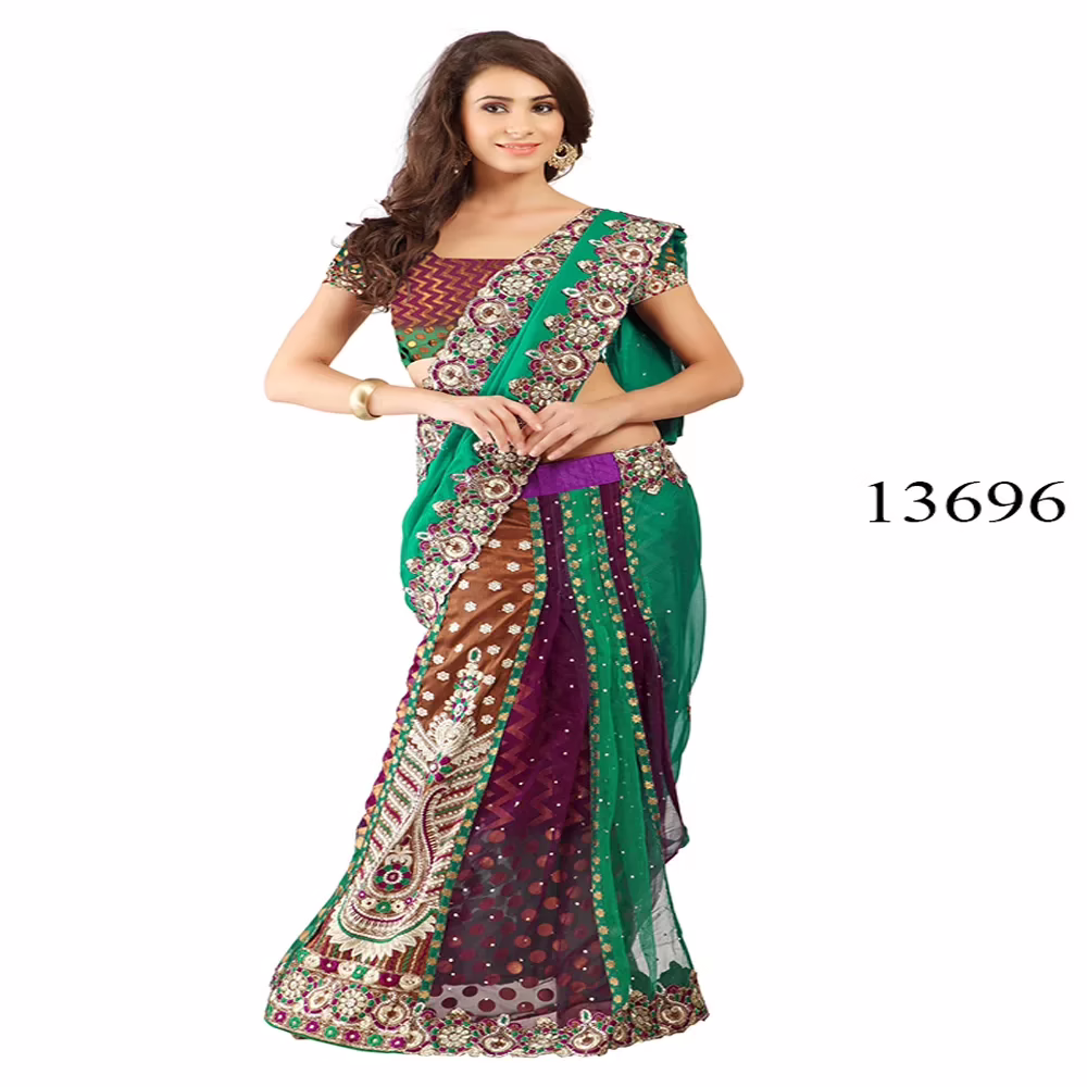 Viva N Diva Magenta & Green Colored Chiffon & Brasso Lehenga Saree